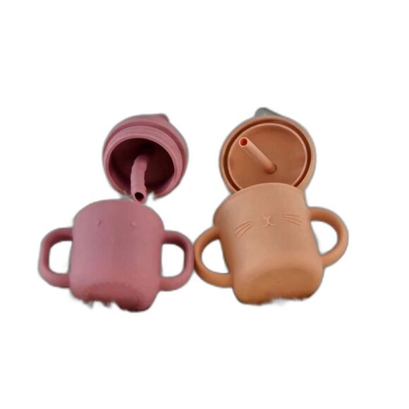Minito Kitten Face BPA Free Kids Sippy Cups 4x3 Set of 2 Straws Lids - Picture 2 of 5